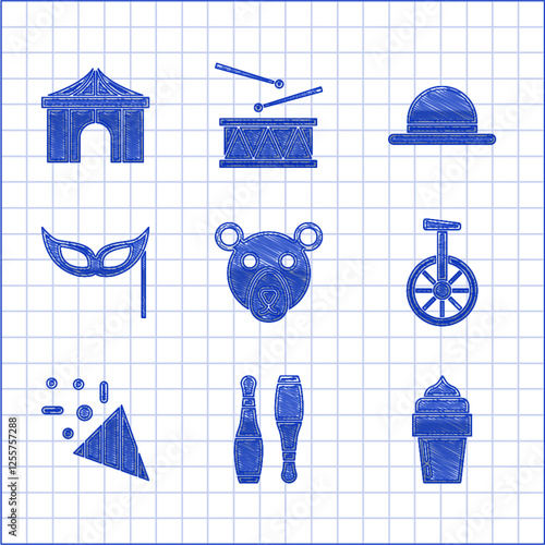 Set Bear head, Bowling pin, Ice cream, Unicycle or one wheel bicycle, Festive confetti, mask, Clown hat and Circus tent icon. Vector