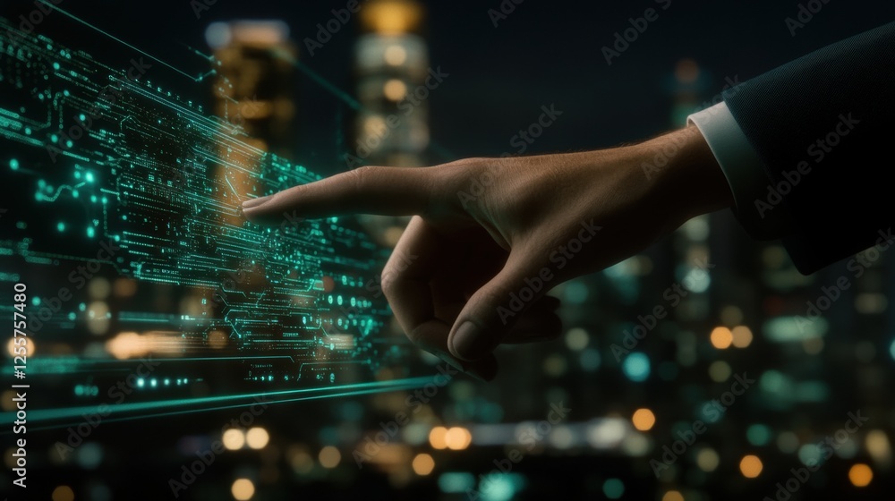 Close-Up of a Businessman Touching a Digital Interface with Data Visualization Against City Nightscape Close-Up of a Businessman Touching a Digital Interface with Data Visualization Against City Nightscape
