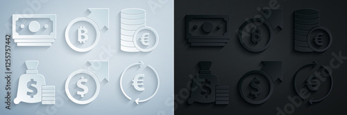 Set Financial growth and dollar, Coin money with euro symbol, Money bag, bitcoin and Stacks paper cash icon. Vector