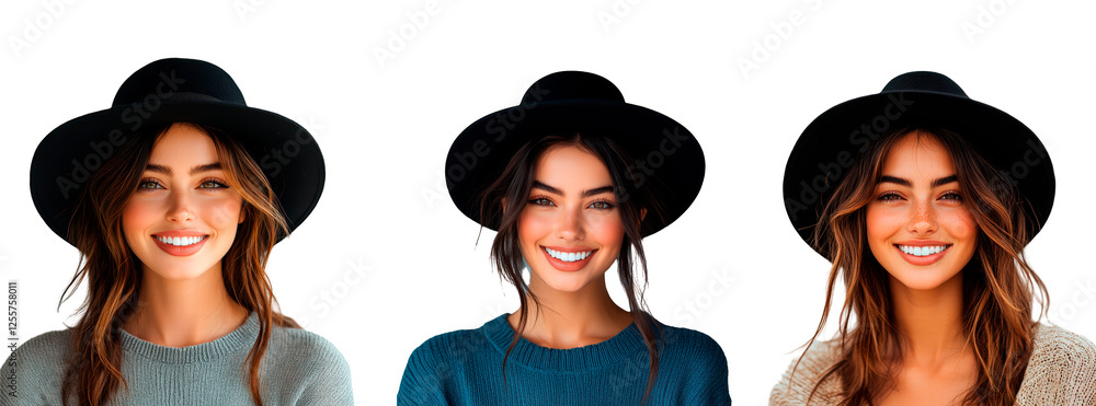 Set of portrait of smiling woman with black hat isolated on transparent background Set of portrait of smiling woman with black hat isolated on transparent background
