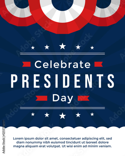 Celebrate Presidents' Day poster on blue background and star shape