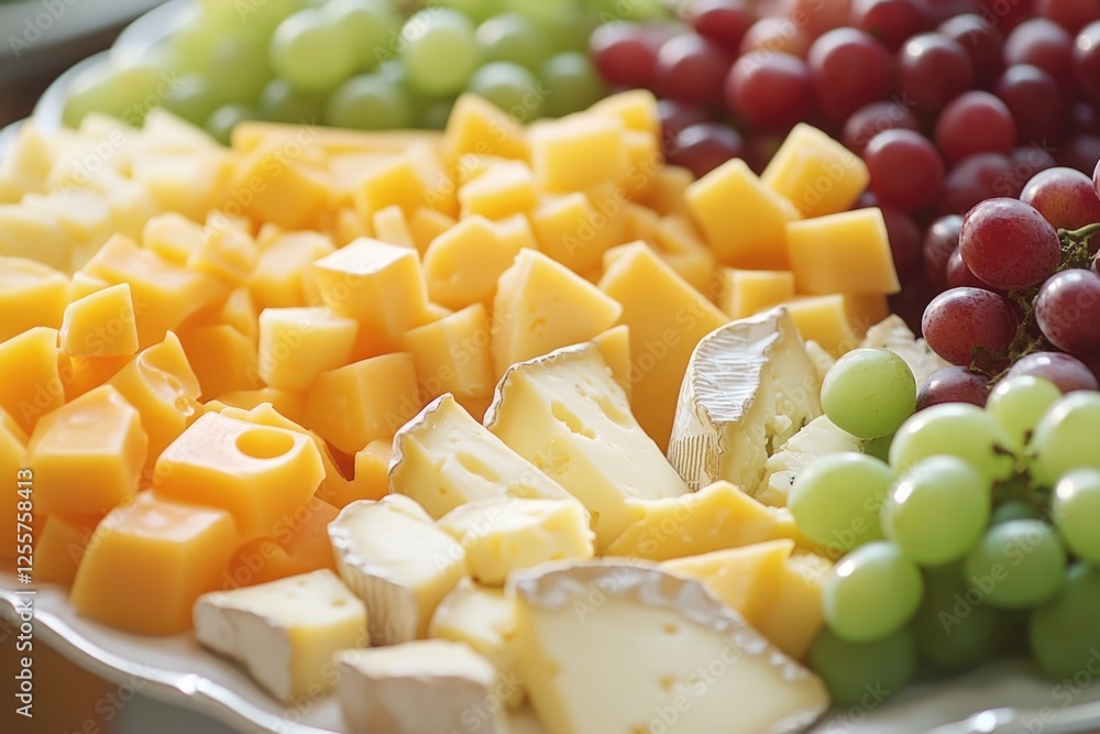 A colorful arrangement of fresh grapes and cheese on a platter, perfect for snacking or serving at a party A colorful arrangement of fresh grapes and cheese on a platter, perfect for snacking or serving at a party