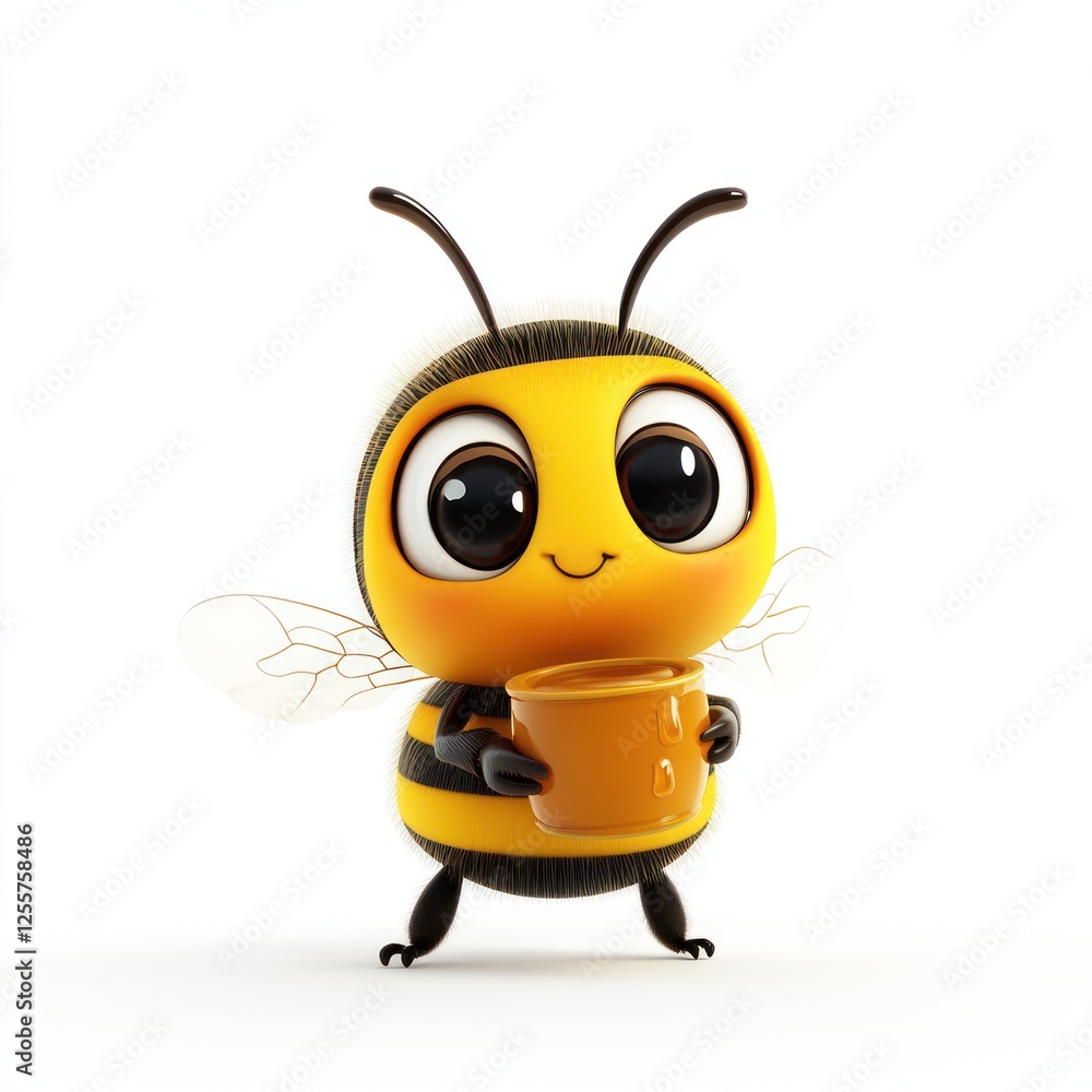 Cute cartoon bee holding honey pot, isolated on white Cute cartoon bee holding honey pot, isolated on white