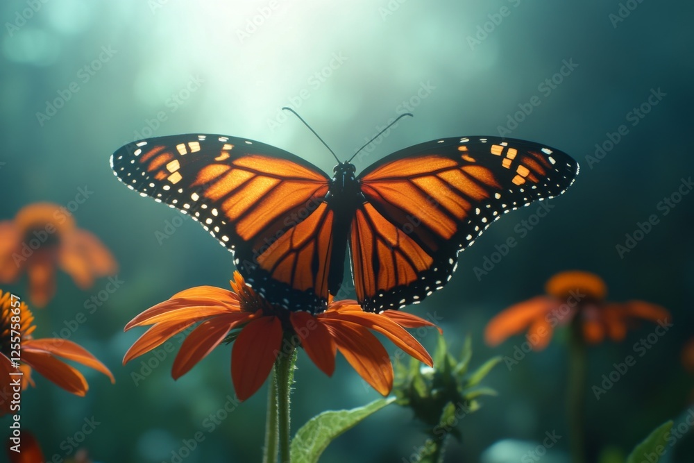 Close-up of a vibrant butterfly resting on green leaves Close-up of a vibrant butterfly resting on green leaves