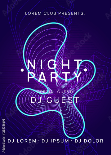 Edm Flyer. Nightclub Beat Illustration. Trance Vector. Violet Party Background. Dance Banner. Green Fest Design. Night Club Concert Element. Blue Edm Flyer