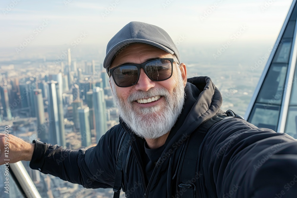 Man Taking Selfie with City Skyline Man Taking Selfie with City Skyline