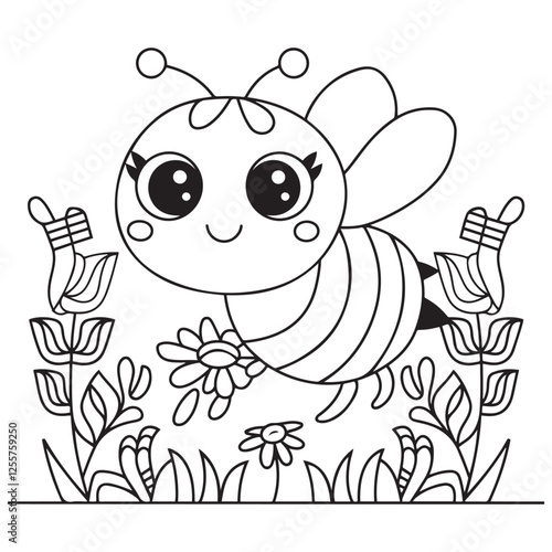 Cute kawaii cartoon character bee in the flower garden coloring page, vector printable worksheets for preschool.