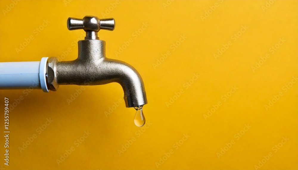 Close up photo of a water tap with water drops on a plain soft yellow background Close up photo of a water tap with water drops on a plain soft yellow background