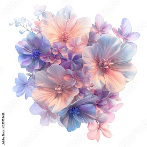 Heavenly 3D floral bouquet with subtle color gradients, showcasing delicate petals and soft hues, creating serene and enchanting atmosphere
