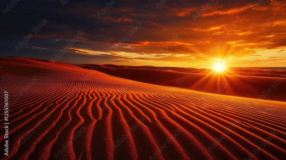 Naklejka premium Stunning Desert Sunset Over Rippling Sand Dunes with Warm Colors