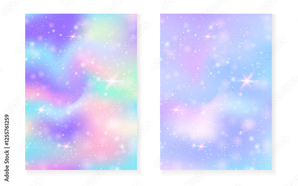 Rainbow background with kawaii princess gradient. Magic unicorn hologram.