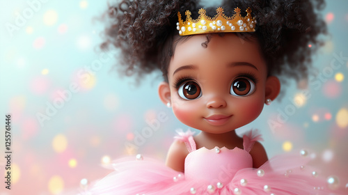 African American princess is a little beautiful girl with a crown and a beautiful dress