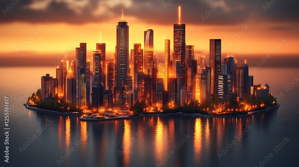 Obraz premium Illuminated Metropolis Island Sunset Cityscape