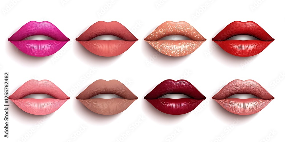 Obraz premium Lipstick Shades Collection: A vibrant collection of eight diverse lipstick shades, showcasing a range of textures and colors, from bold reds to soft nudes. Perfect for makeup tutorials, beauty blogs.