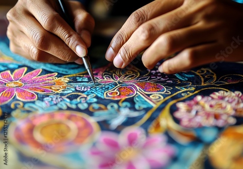 Intricate Hand Embroidery Process with Colorful Threads Showcasing Detailed Floral Design and Artistic Craftsmanship in Close-Up View