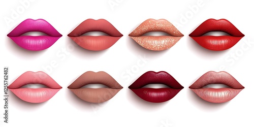 Lipstick Shades Collection: A vibrant collection of eight diverse lipstick shades, showcasing a range of textures and colors, from bold reds to soft nudes.  Perfect for makeup tutorials, beauty blogs.
