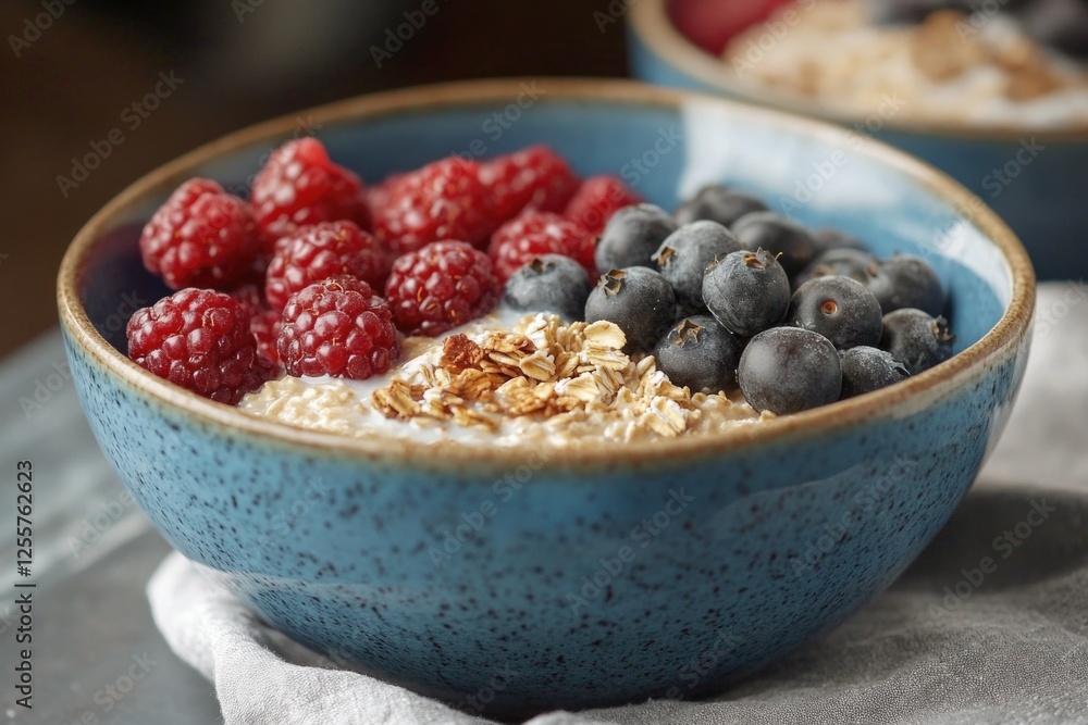 A warm bowl of oatmeal topped with fresh berries and blueberries, perfect for breakfast or snack A warm bowl of oatmeal topped with fresh berries and blueberries, perfect for breakfast or snack