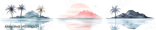 Watercolor Tropical Islands: A trio of tropical islands, each with its own distinct color palette, graces the canvas in a breathtaking watercolor painting.