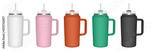 Thermo cup with handle and straw. 64 oz. 3d mockup of a travel thermos. Set of white, pink, orange, green and black mugs. Tumbler template. White lid	

