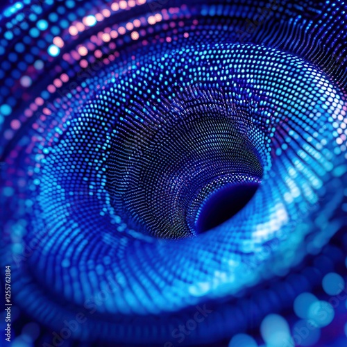 Abstract 3D rendering of a digital tunnel filled with blue and purple dots, creating a mesmerizing visual effect resembling a vortex of light and data