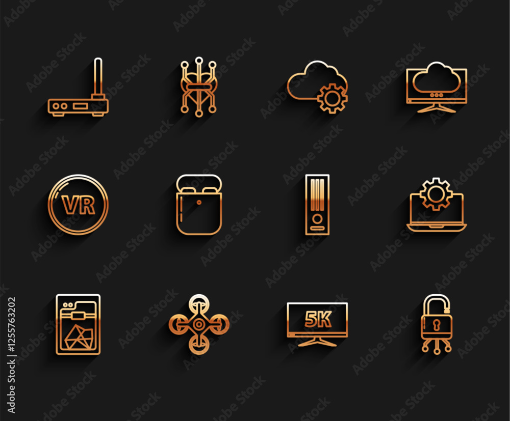 Set line 3D printer, Drone, Router and wi-fi signal, Monitor display with 5k video, Lock digital circuit board, Air headphones box, Laptop gear and Video game console icon. Vector Set line 3D printer, Drone, Router and wi-fi signal, Monitor display with 5k video, Lock digital circuit board, Air headphones box, Laptop gear and Video game console icon. Vector
