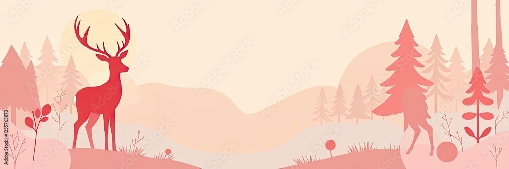 Naklejka premium Peaceful Pink Forest Deer Silhouette Landscape Illustration