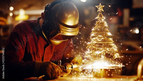 Welder Sculpting a Creative Christmas Tree with Sparks Flying in a Warm Workshop Setting During the Holiday Season