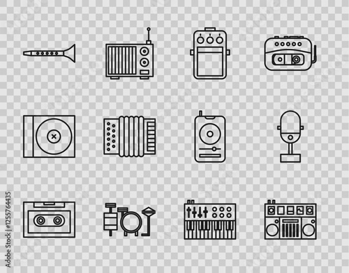 Set line Retro audio cassette tape, DJ remote for playing and mixing music, Guitar pedal, Drums, Clarinet, Musical instrument accordion, synthesizer and Microphone icon. Vector