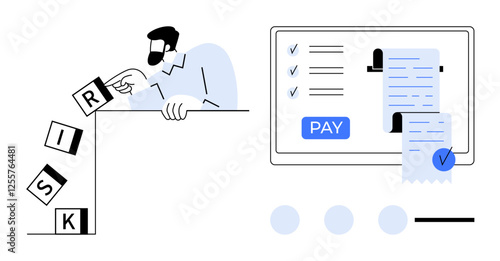 Businessman preventing the fall of risk blocks while managing invoices and payment on a digital platform. Ideal for finance, business strategy, risk management, automation, online payments