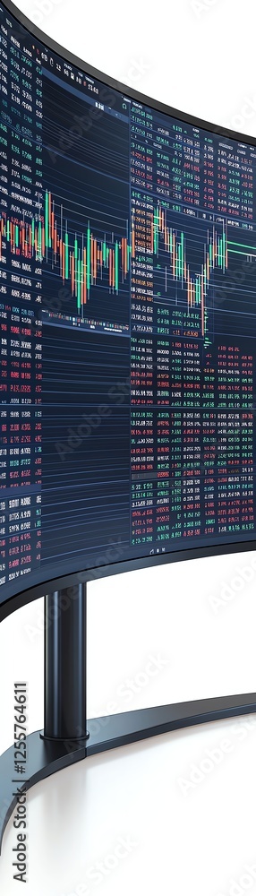 Fototapeta premium Curved screen displaying dynamic stock market data and trading graphs.