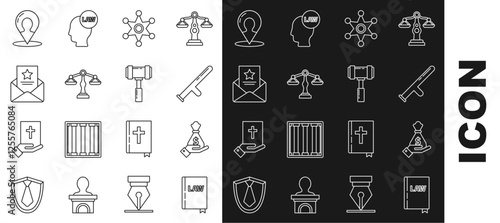 Set line Law book, Hand holding money bag, Police rubber baton, Hexagram sheriff, Scales of justice, The arrest warrant, Map marker with silhouette person and Judge gavel icon. Vector