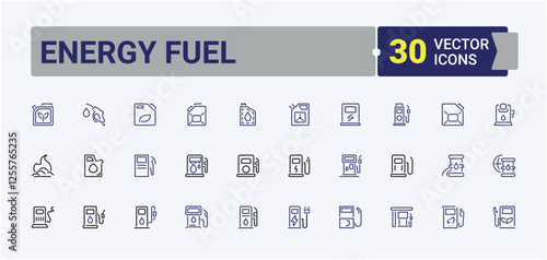 Energy Fuel collection. Icons transportation, barrel, oil, gas, station, tank, engine and more. Icons for design. Editable stroke. Vector illustration.