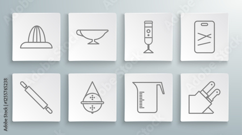Set line Rolling pin, Sauce boat, Ball tea strainer, Measuring cup, Knife, Blender, Cutting board and Citrus fruit juicer icon. Vector