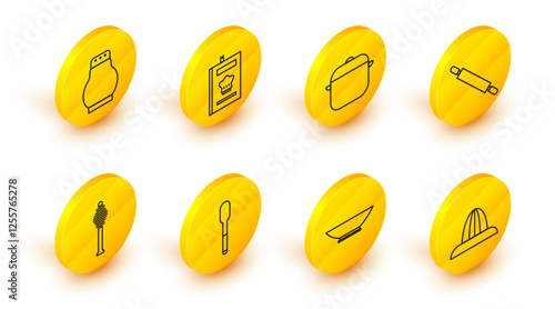 Set line Citrus fruit juicer, Bowl, Spoon, Honey dipper stick, Rolling pin, Cooking pot, Cookbook and Salt and pepper icon. Vector