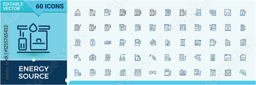 Energy Source collection. Includes icons for bio, barrel, factory, environment, Fuel, energy, transportation, ecology, car. Thin linear style icons. Editable vector icon and illustration.