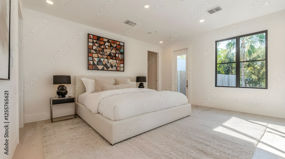 Modern Minimalist Bedroom Interior Design White Bed Geometric Art Large Window Modern Minimalist Bedroom Interior Design White Bed Geometric Art Large Window