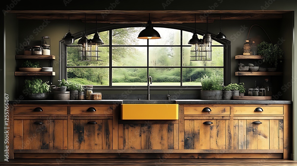 Rustic Farmhouse Kitchen With Yellow Sink And Large Window Rustic Farmhouse Kitchen With Yellow Sink And Large Window