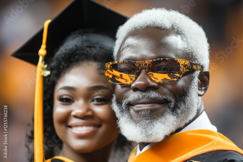 A professor congratulating a student after the commencement ceremony photo