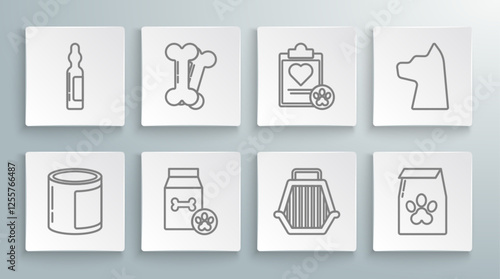 Set line Canned food, Dog bone, Bag of for pet, Pet carry case, Clipboard with medical clinical record, Cat and Pets vial icon. Vector