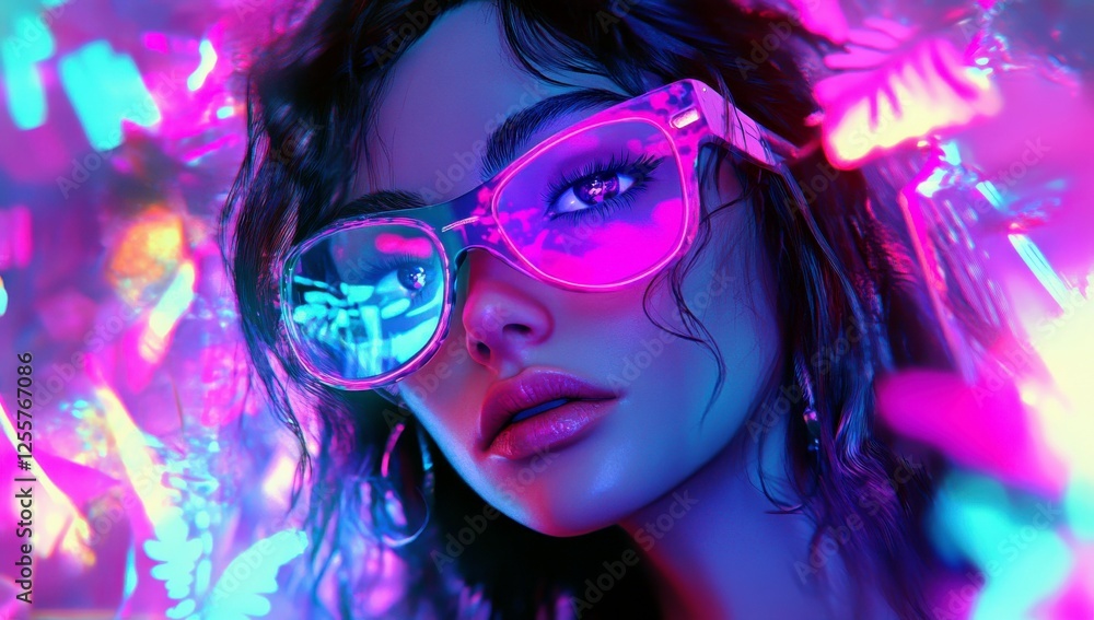 Stunning close-up portrait of a woman with colorful glasses surrounded by vibrant neon lights and artistic floral patterns in a whimsical environment Stunning close-up portrait of a woman with colorful glasses surrounded by vibrant neon lights and artistic floral patterns in a whimsical environment