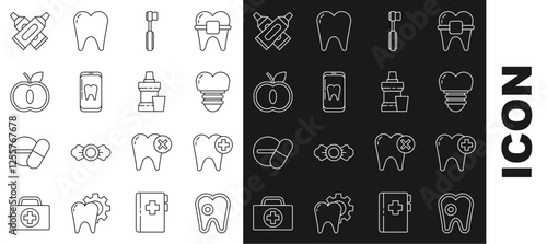 Set line Tooth with caries, Dental implant, Toothbrush, Online dental care, Apple, Crossed tube of toothpaste and Mouthwash plastic bottle icon. Vector