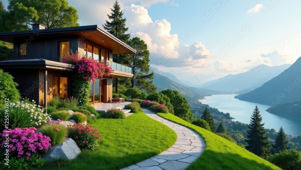 Modern Hillside Residence with Panoramic Lake View and Landscaped Gardens Modern Hillside Residence with Panoramic Lake View and Landscaped Gardens