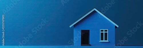 Minimalist blue house model on a monochrome blue background, symbolizing real estate, housing, and homeownership.