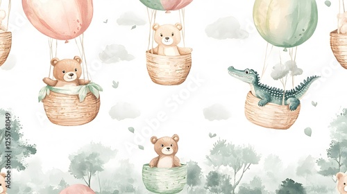 Fototapeta Naklejka Na Ścianę i Meble -  Watercolor animals float in hot air balloons among clouds