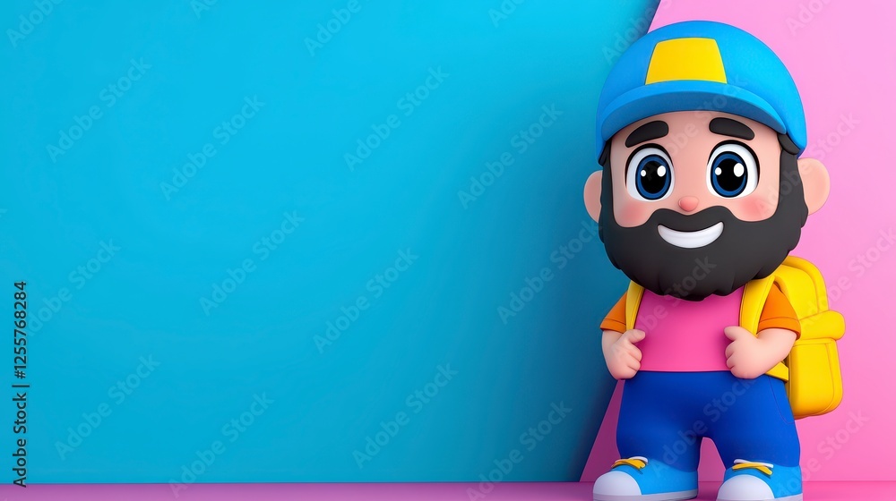 Fototapeta premium 3d cartoon man with a beard, wearing a baseball cap, a pink shirt, a yellow backpack, and blue pants, standing against a light blue and pink background. He has big eyes and a happy expression.