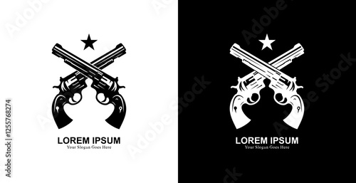 The logo design is in the form of two crossed pistols