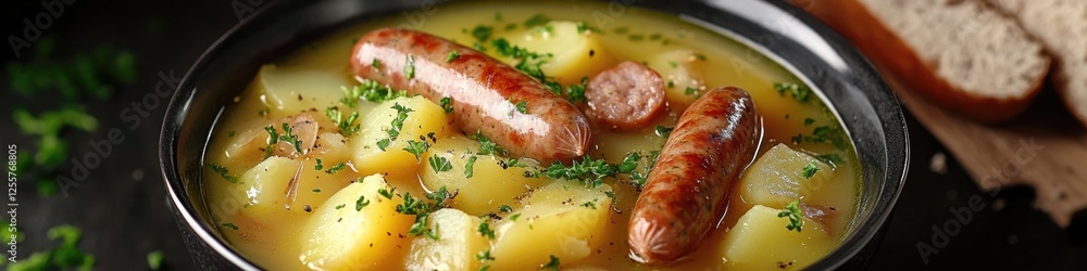 A bowl of hearty sausage soup served with sliced potatoes, perfect for a comforting meal A bowl of hearty sausage soup served with sliced potatoes, perfect for a comforting meal