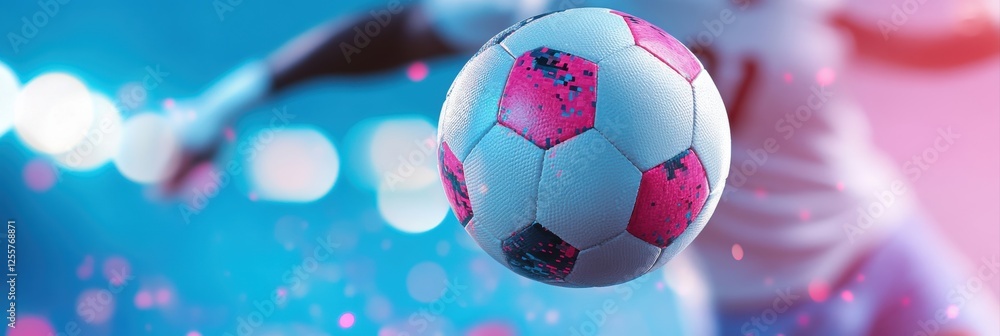 Naklejka premium A dynamic shot of a colorful soccer ball in motion against a vibrant backdrop.