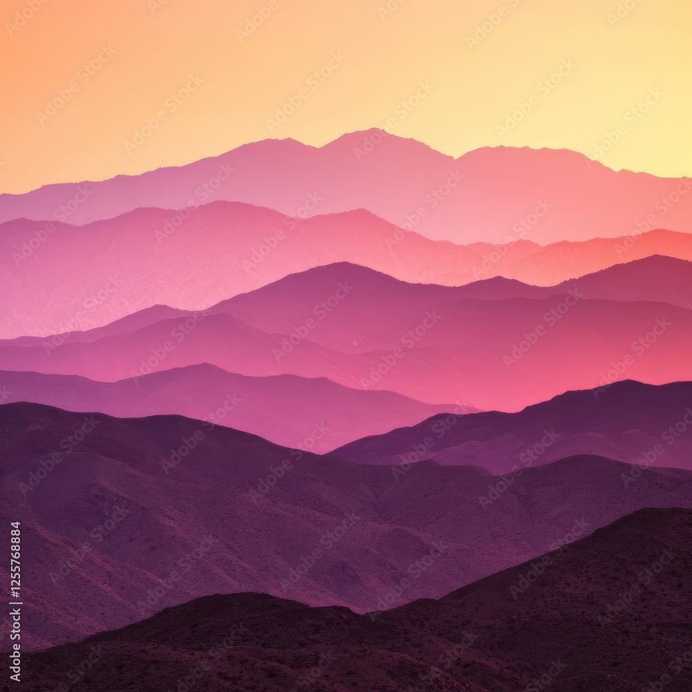 Obraz premium Layered mountain ranges recede into the distance, bathed in warm hues of pink, purple, and orange at sunset -ai