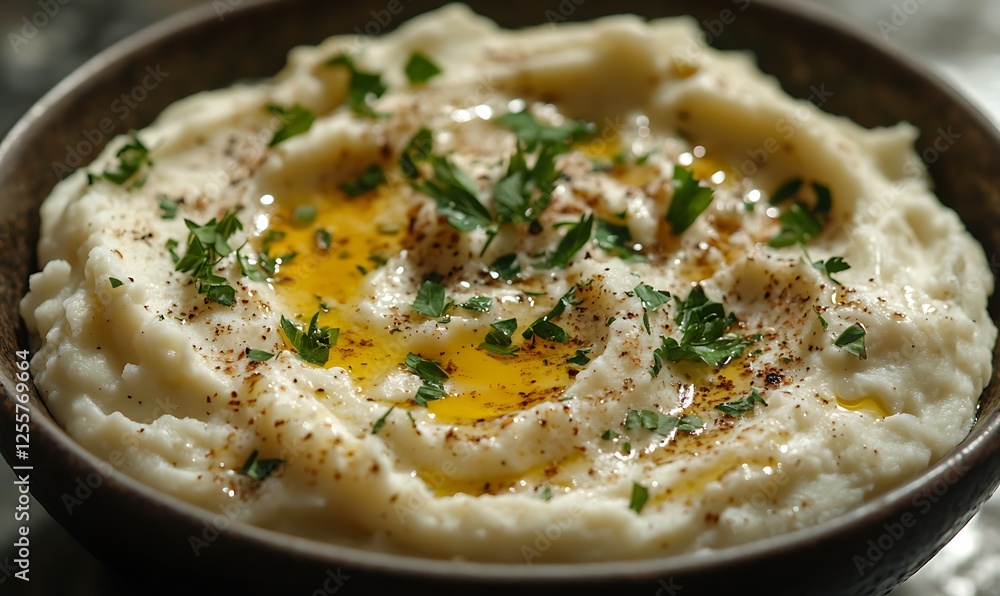 Creamy mashed potatoes topped with herbs and oil in a bowl. Creamy mashed potatoes topped with herbs and oil in a bowl.